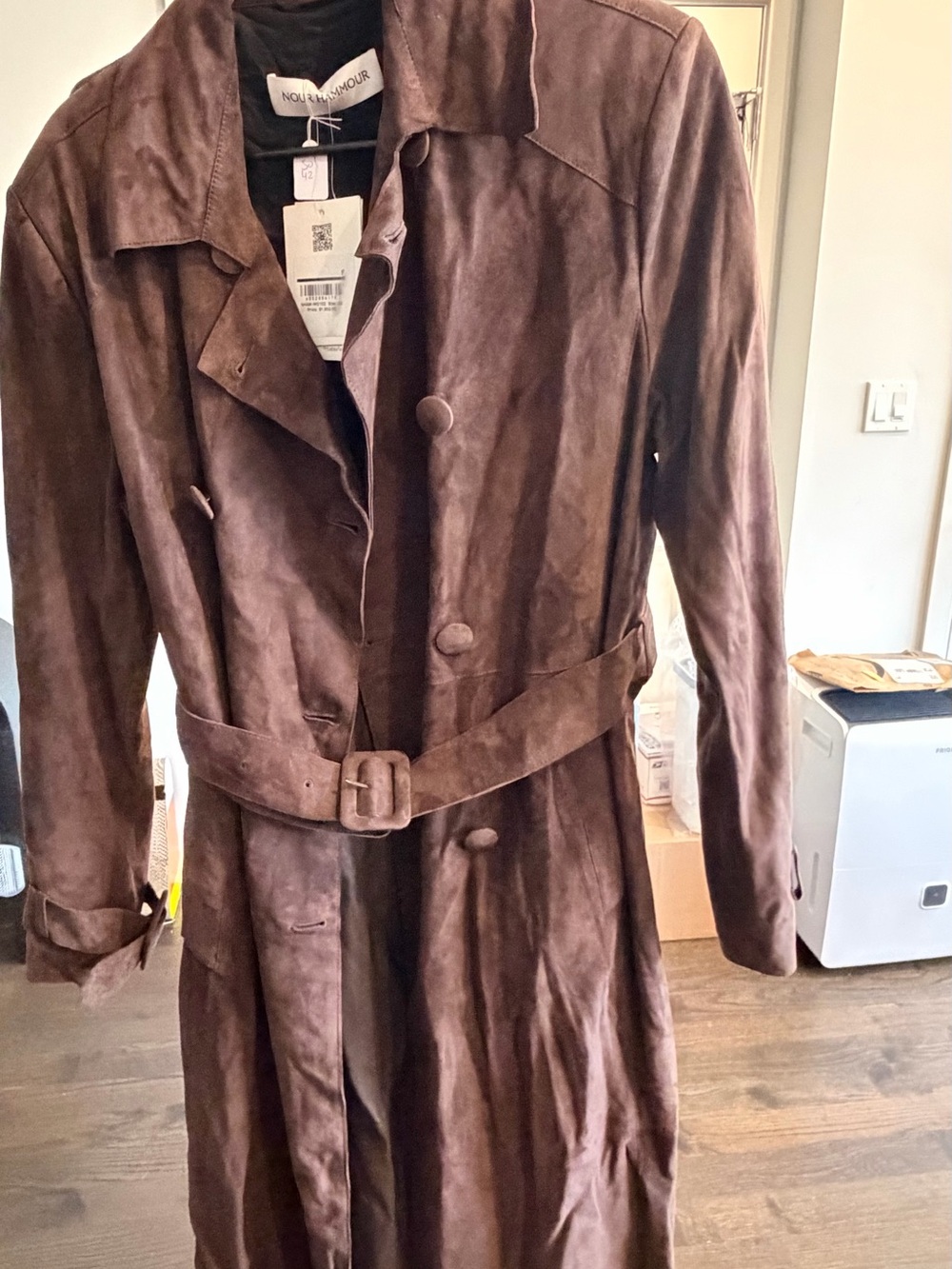 NOUR HAMMOUR Tate Tailored Suede Trench Coat in Mocha Suede $1,830 MSRP - Picture 9 of 9